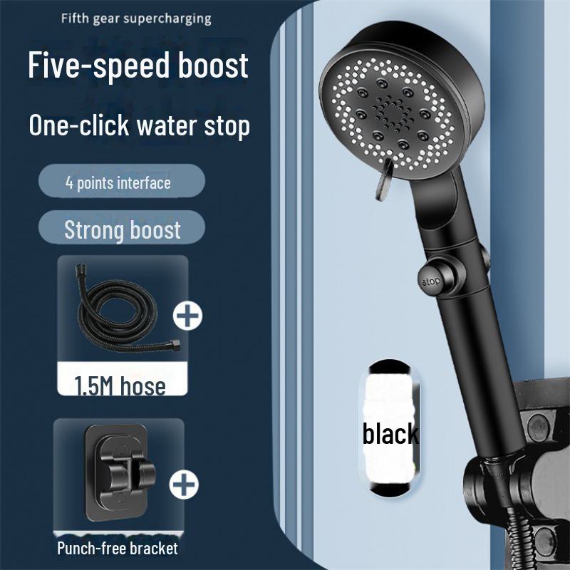 

Ручная душевая головка Black Warrior с 5 скоростями и функцией распыления под давлением 1.5m tube + punch-free base чёрный