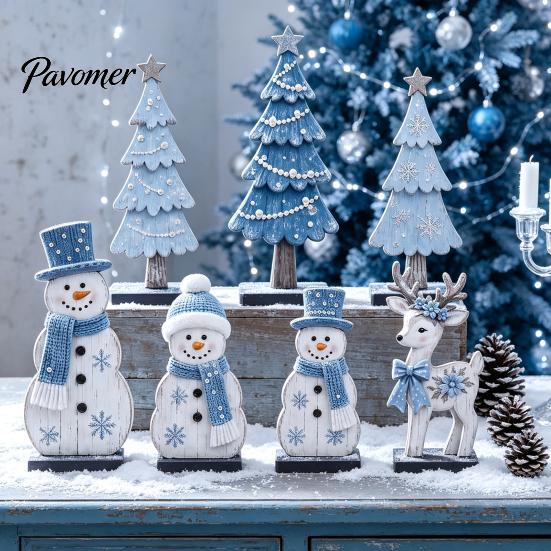 Handcrafted Holiday Gift Ideas 7Pcs Christmas Wooden Tabletop Ornaments, Snowman Tree Reindeer Tiered Tray Table Centerpieces Decor for Mantel, Rustic