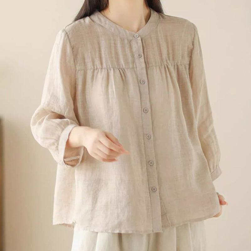 Spring/Summer Retro Slimming Cotton Linen Cardigan - Women's Seven-Sleeve Shirt