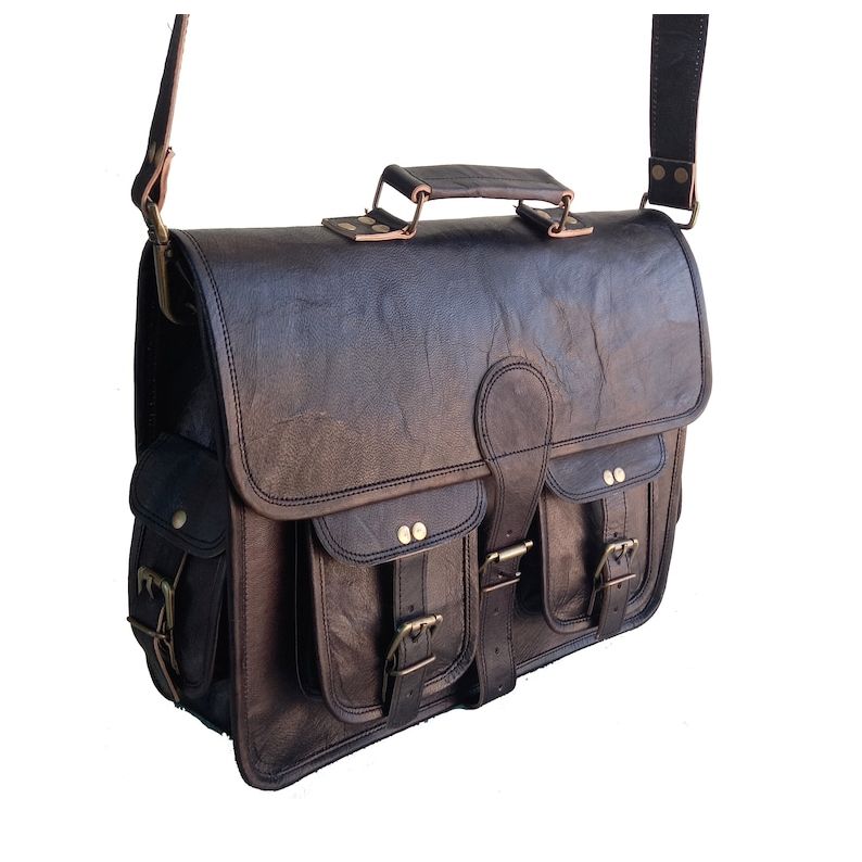 Handmade Black Leather Messenger Bag: Large Laptop Briefcase