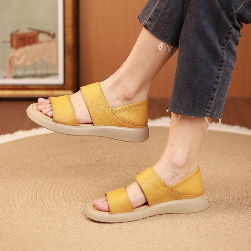 Women's Flat Sandals, Leather Cowhide Breathable Beach Shoes, Women's Straight Line Fish Mouth Sandals