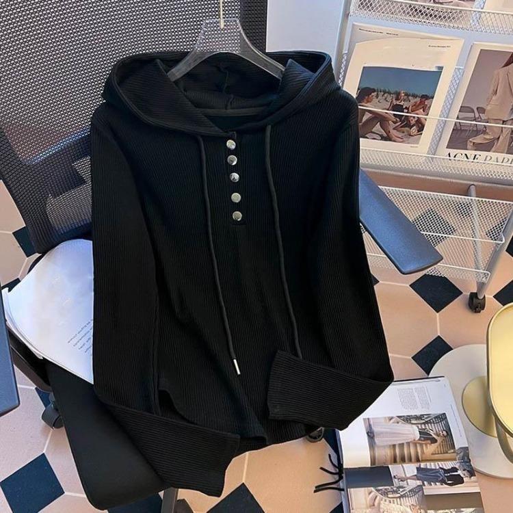 

Women Casual Hooded Sweatshirt Solid Color Sports Top Comfortable Stretch Tops S чёрный