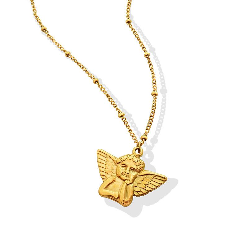Women's 18K Gold Angel Pendant Necklace - European & American Hip Hop Style, Titanium Steel Clavicle Chain