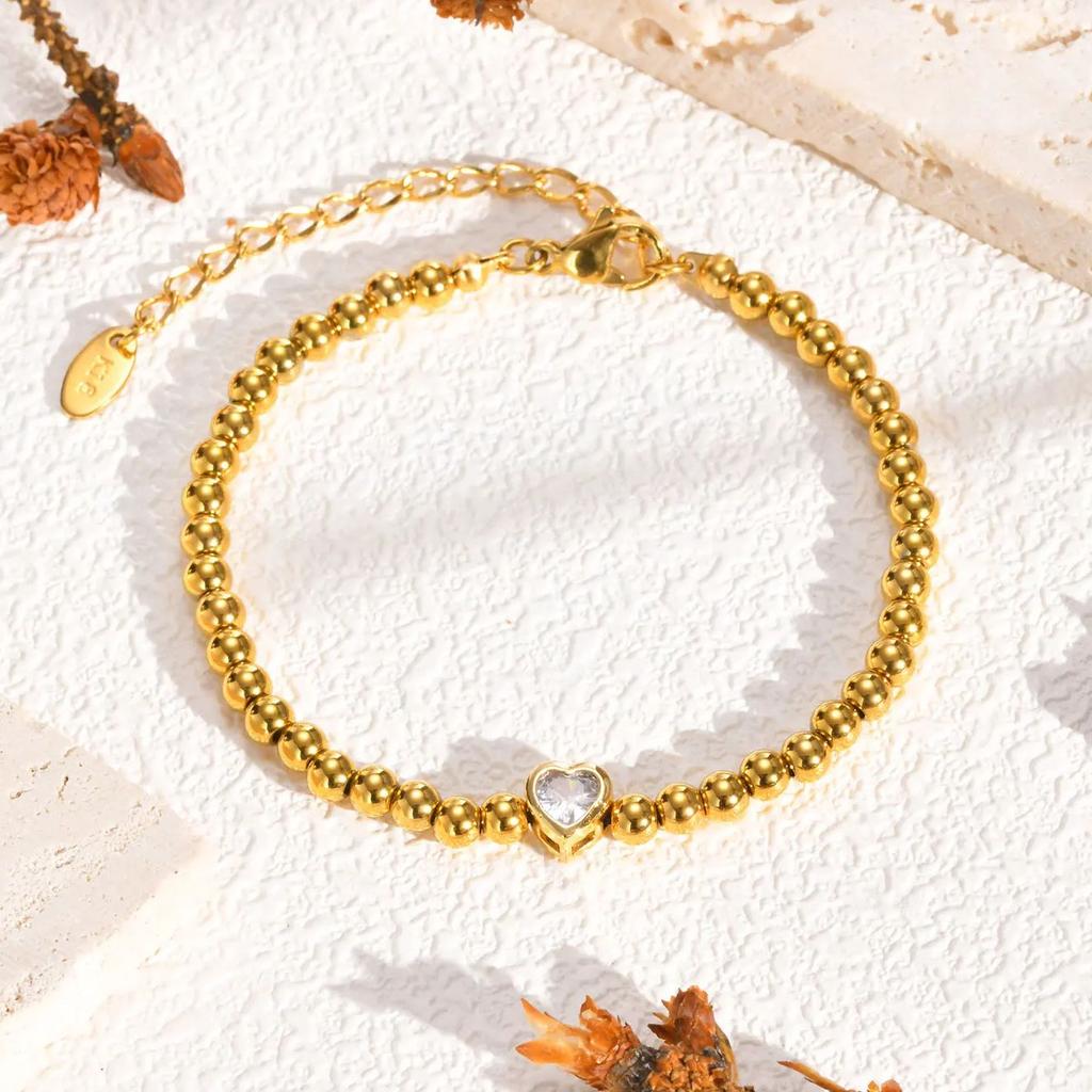 2026 Chic Zircon Heart-shaped Bracelet for Women, Stainless Steel Gold Plated Ball Beaded Bracelet, Luxury Jewelry Gift
