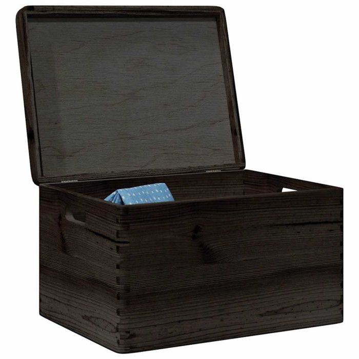 Wooden Box with Lid and Handles Black Solid Pine Wood