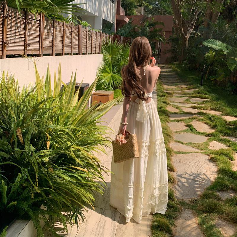 Bohemian Halter Neck Apricot Suspender Dress Women's Summer High-end Seaside Beach Vacation Dress