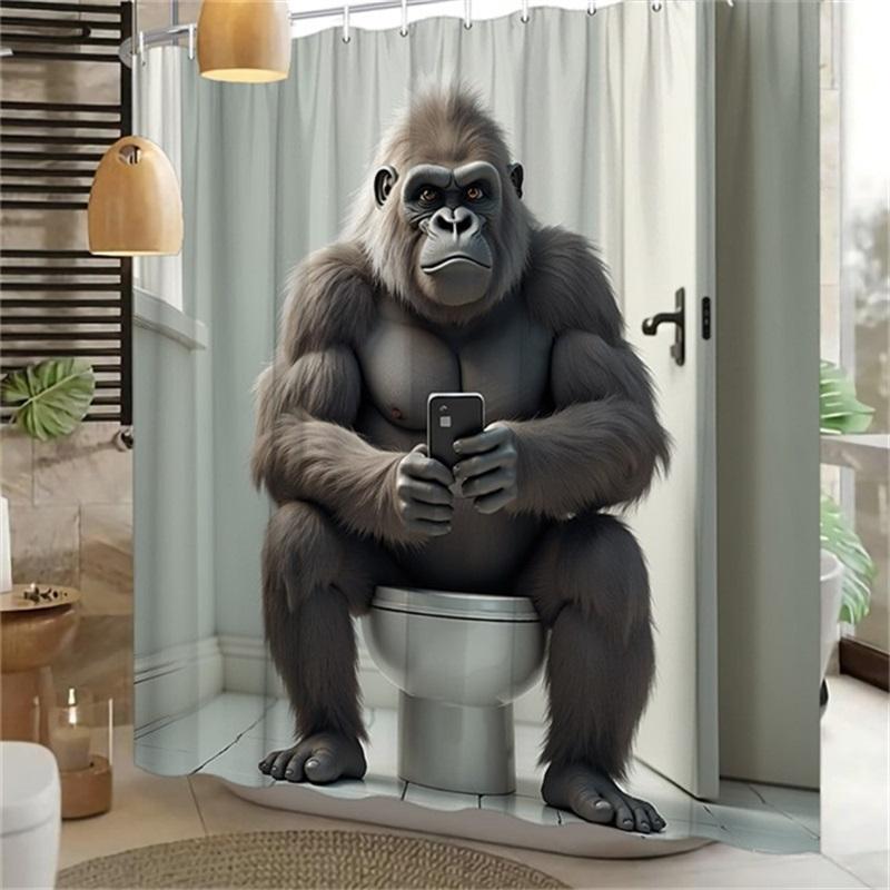 Funny Gorilla Sitting On Toilet Shower Curtain Humorous Bathroom Decoration, Including 12 Hooks, Modern Bathroom Design