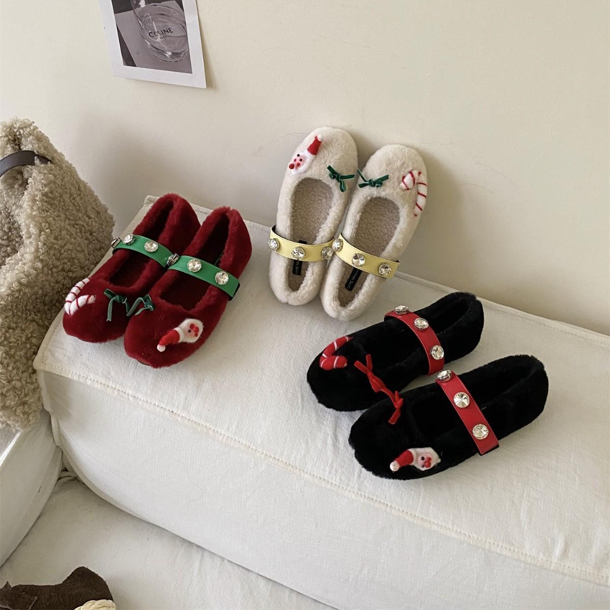 

2025 autumn fashion word with rhinestone bow, light mouth, thick sole, fluffy, versatile, and sweet single shoes 40 красный