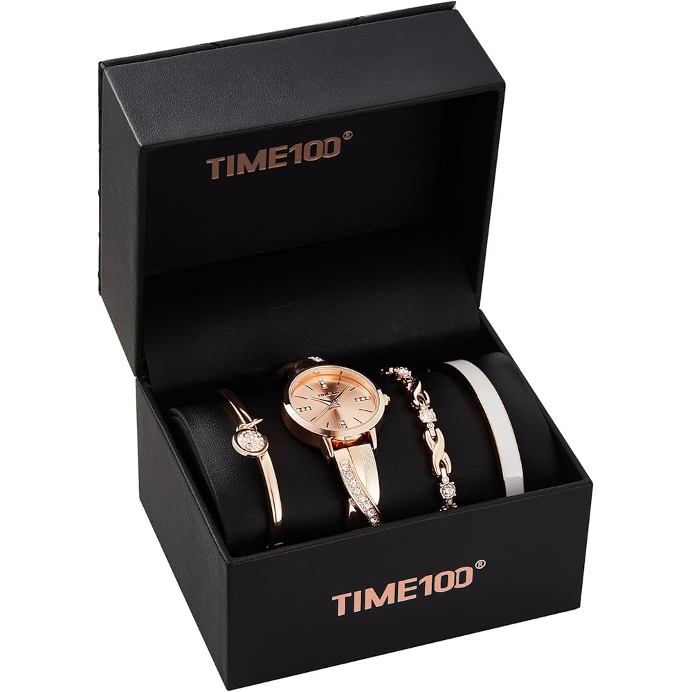TIME100 Elegant Women's Watch Gift Set with 3 Bracelets Rose Gold Quartz Japan Made
