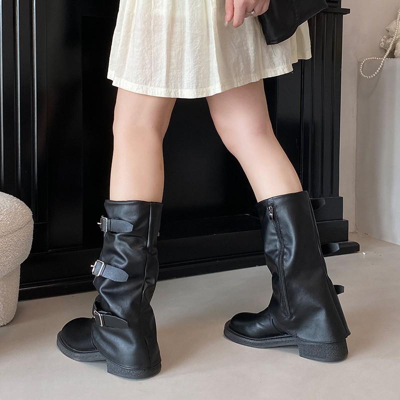 Vintage Stiefel mit dickem Absatz und mittlerer Höhe, Western-Cowboy-Stiefel, Stapelstiefel, Ritterstiefel, frühe Herbst-Martinsstiefel, französische Röhrenstiefel, Damenstiefel