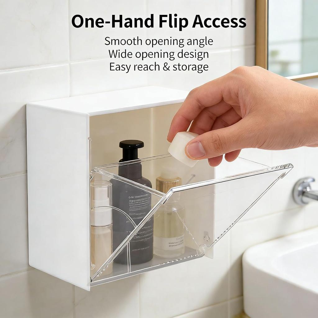 Bathroom Wall Mount Storage Box,1 pcs Clear Acrylic Hanging Organizer Box with Flip Lid 8.5x8.5x4.5cm No Drill Adhesive for Cotton Swabs Makeup