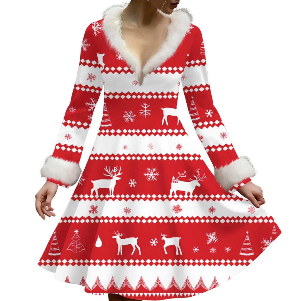 Women's Casual V-neck Christmas Print Plush Long-Sleeve Casual Dress