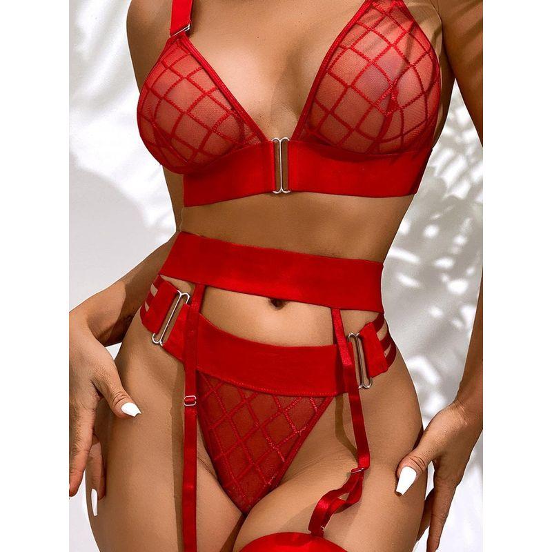 Sexy Stylish Mesh Underwearn Foreign Trade Sexy Ladies' Mesh Perspective Intimates Three-Piece Set