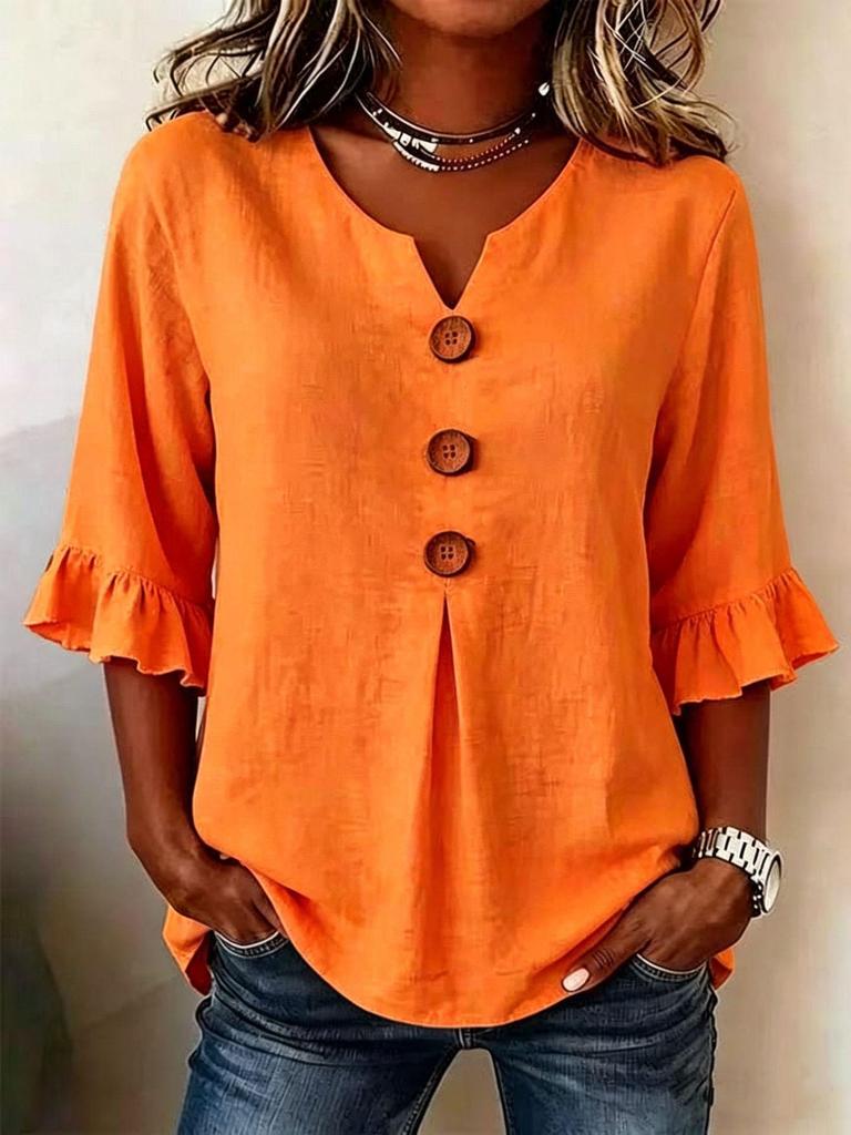 Abito Europeo in Cotone e Lino con Scollo a V, Bottone Grande e Maniche Arricciate per Donna - Collezione Primavera/Estate 2026