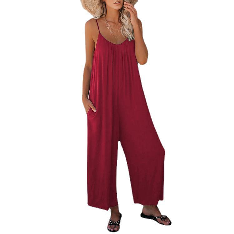 European & American Women's Solid Color Pocket Suspender Jumpsuit