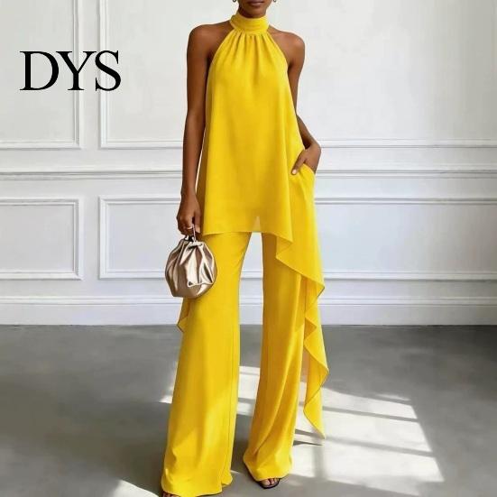 Comfortable Women Outfit Women's Chiffon 2 Piece Sets, Asymmetrical Halter Sleeveless Tops with Plus Size Casual Suit Wide Leg Pants Summer