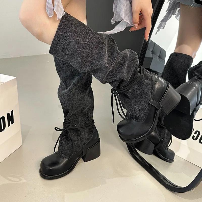 Fashion 2025 Cowhide Version Retro Round Toe Thick Heel Color Blocked Women's Boots New Niche Big Toe Thick Heel Lace Up Midsole Boots