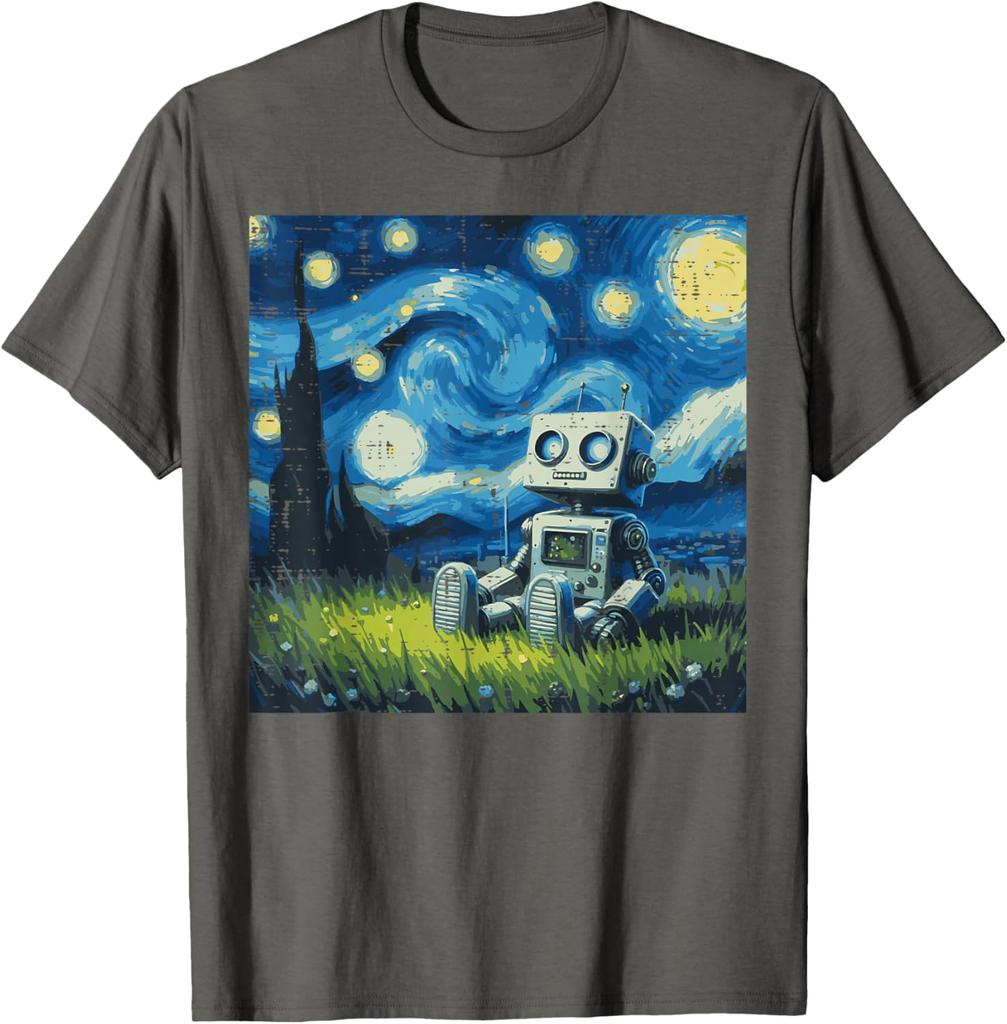 Starry Night Robot Graphic Tee Cotton Round Neck Casual TShirt Art Painting Print Tops for Men Women