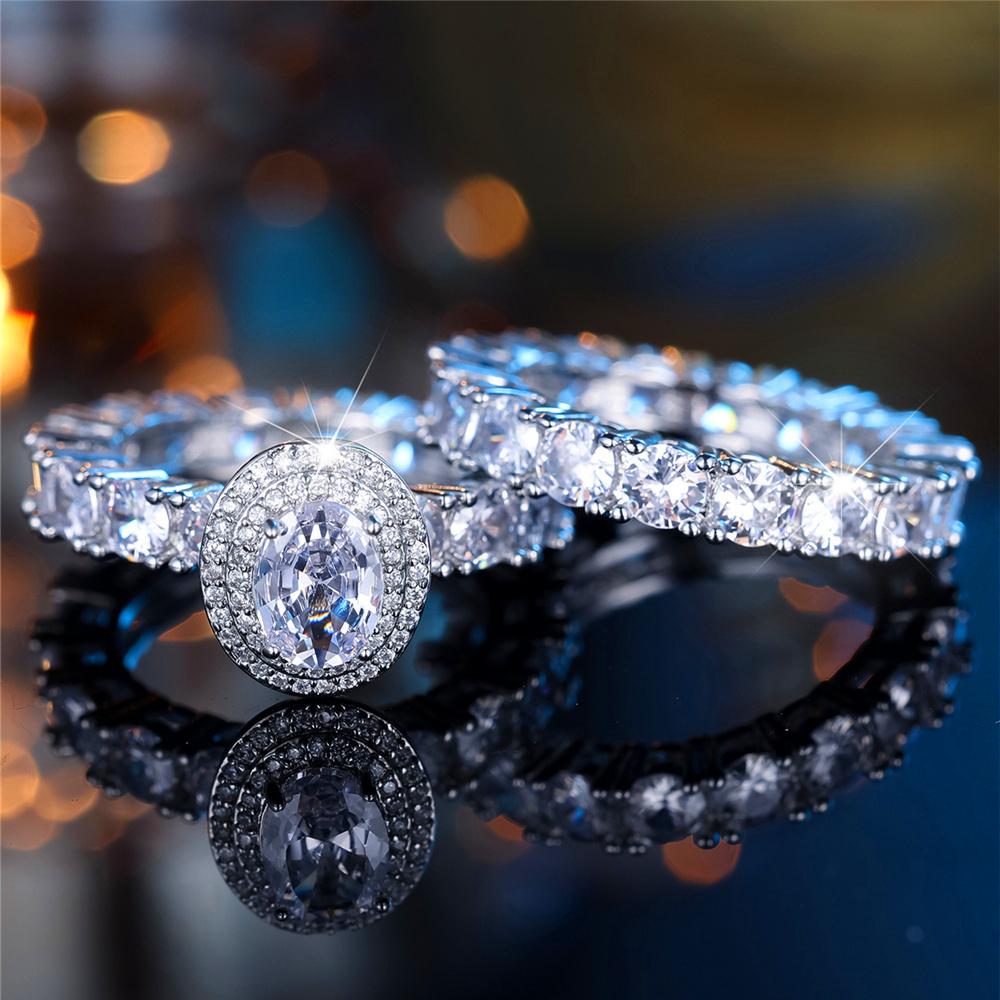 Female Silver Color White Zircon Stone Oval Engagement Ring Set Vintage Bridal Wedding Bands Party Jewelry For Women