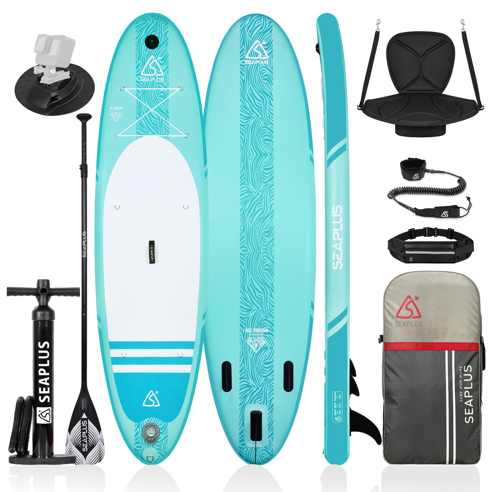 

SEAPLUS Надувная SUP доска с камерой Идеально подходит для воды и Модель 320 x 81 см x Максимальная грузоподъемность Полный комплект Зеленый Сап, зелёный