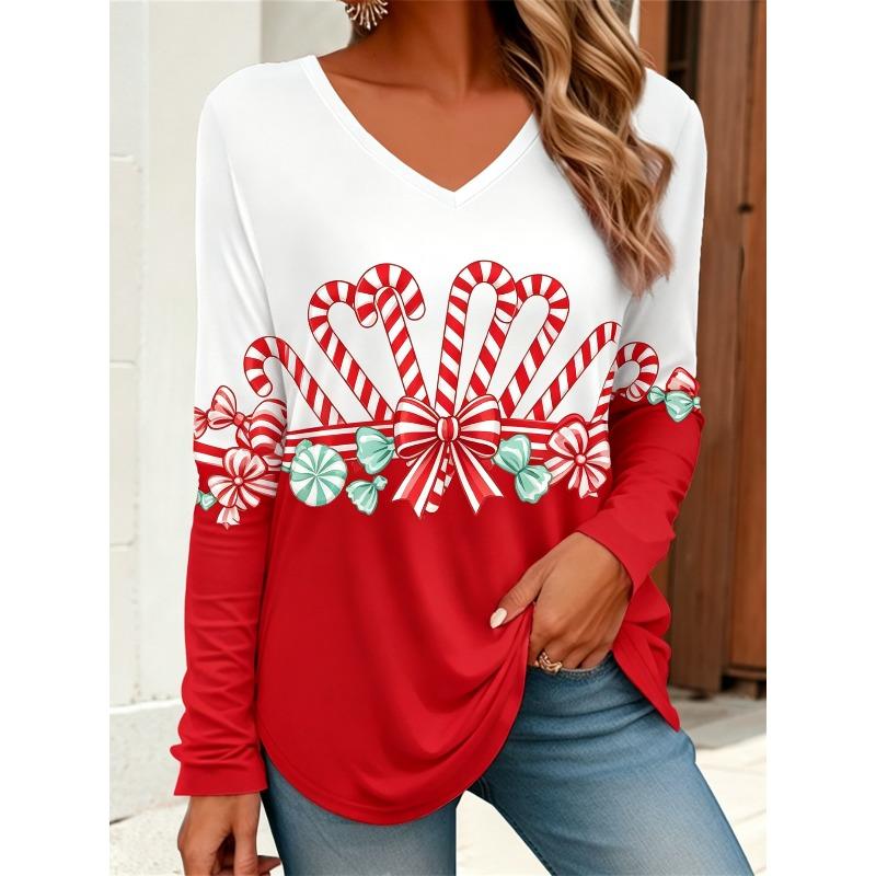 Autumn and Winter Ladies 3D Printed V-Neck Long Sleeve T-Shirt Christmas Dress