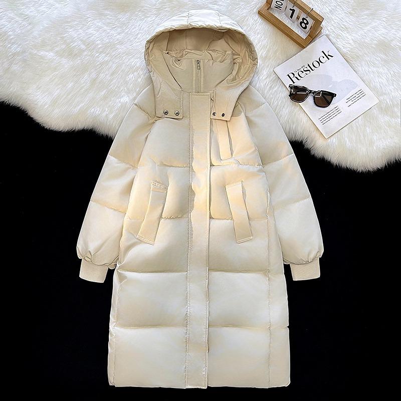 

2024 Унисекс Утепленное пальто средней длины с капюшоном - Толстое, Теплое, Однотонное Зимнее пальто M бежевый