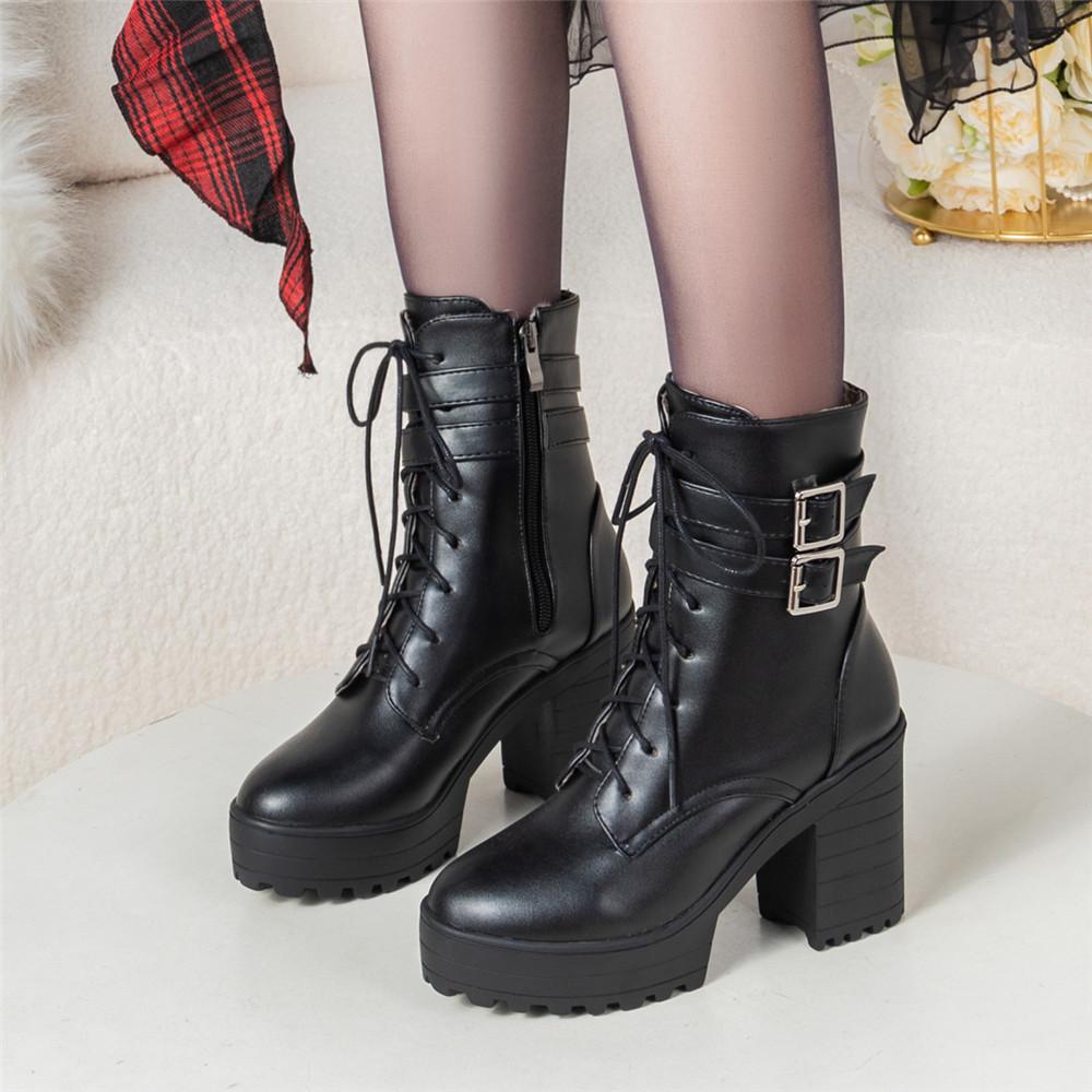 Automne Hiver Femme Moto Dame Botte Élégante Dame Cheville Haut Haut Plateforme Talons Sexy Botas Boucle Blanc
