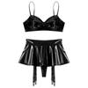 S-4XL Wet Look PU Leather Bra Top and Skirt Set No Underwire No Padding Integrated Thong Layered Hem Mini with Garter Clips for Night Party