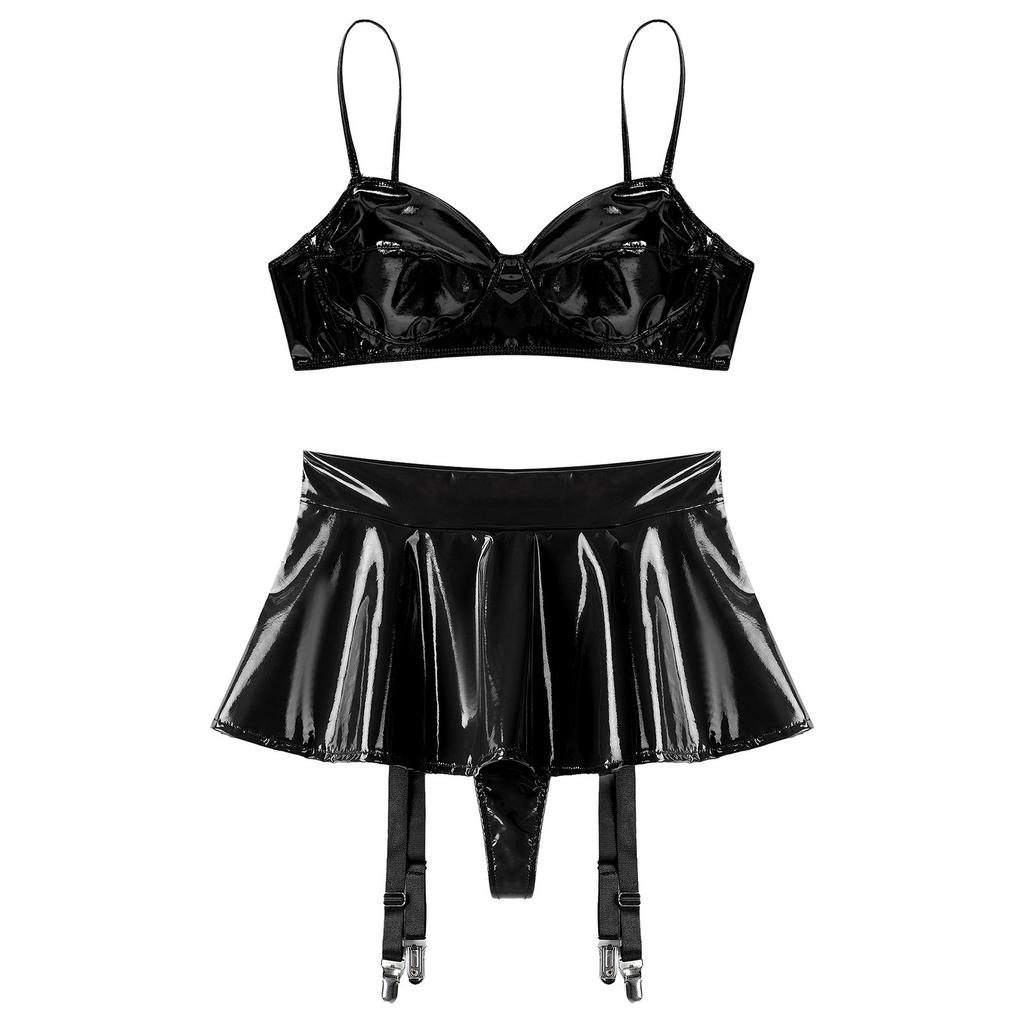 S-4XL Wet Look PU Leather Bra Top and Skirt Set No Underwire No Padding Integrated Thong Layered Hem Mini with Garter Clips for Night Party