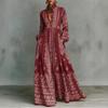 Women's Bohemian Vintage Purple Print Maxi Dress with Mandarin Collar and Long Sleeves, Loose Fit with Cinched Waist for Vacation