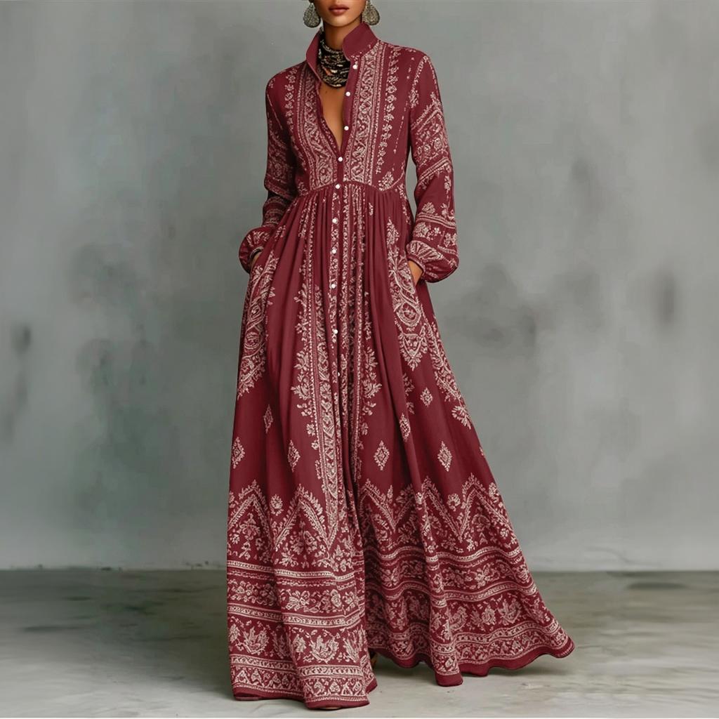 Women's Bohemian Vintage Purple Print Maxi Dress with Mandarin Collar and Long Sleeves, Loose Fit with Cinched Waist for Vacation
