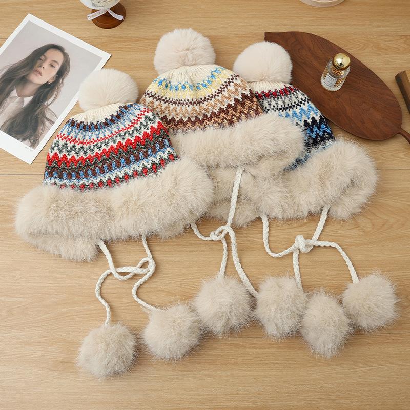 Winter Retro Ethnic Style Knitted Hat Children Thickened Velvet Cold-proof Wool Hat Warm Ear Protector Hairball Bag Head Hat