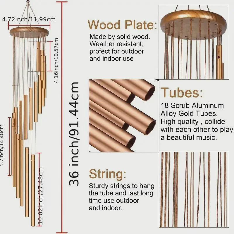 Wooden Rotating Wind Chime with 18 Aluminum Tubes for Home Decoration and Gifts