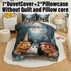 3pcs Halloween Duvet Cover Set without Insert, Soft Polyester Quilt Cover with 2 Pillowcases, Blue Green Witch Hat & Pumpkin