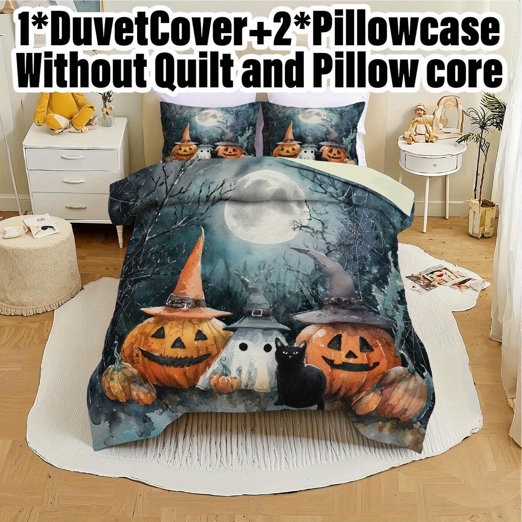 3pcs Halloween Duvet Cover Set without Insert, Soft Polyester Quilt Cover with 2 Pillowcases, Blue Green Witch Hat & Pumpkin