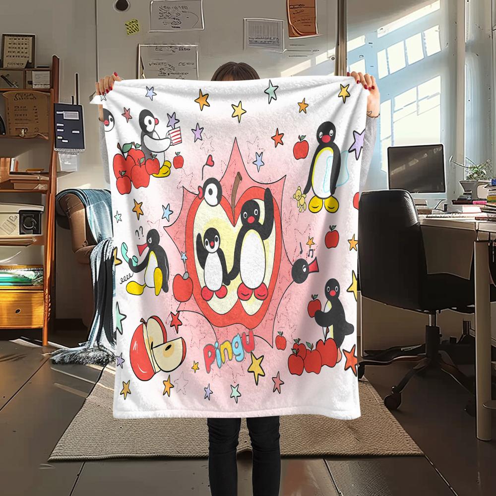1PC PINGU Print Flannel Blanket, High quality All Seasons, Home Decor, Warmth and Comfort, Perfect for Christmas Gifts