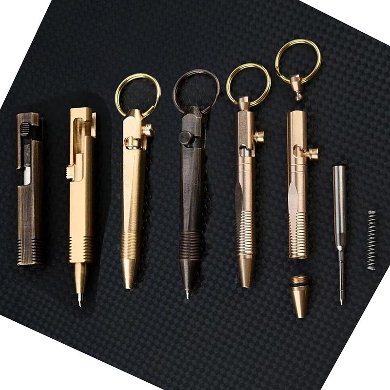 Vintage Mini Brass Press Pen Portable Keychain Pocket Pen Portable Travel Business Signature Pen Decompression Ballpoint Pen