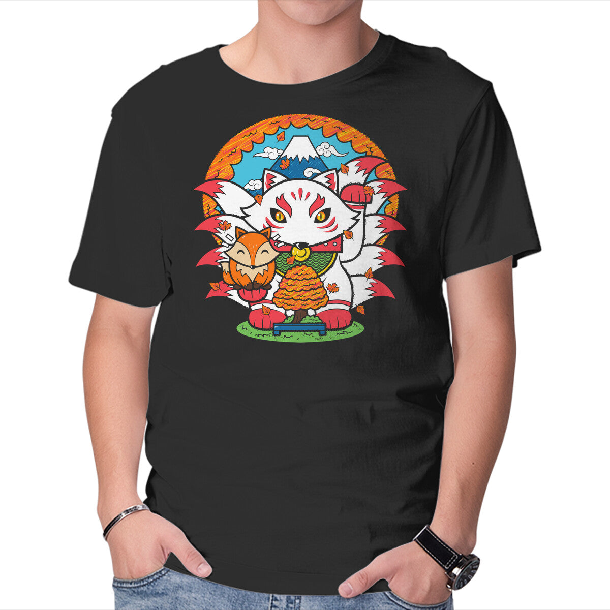 Unisex Crew Neck T-Shirt Fall Kitsune Graphic Short Sleeve Casual Tee XL