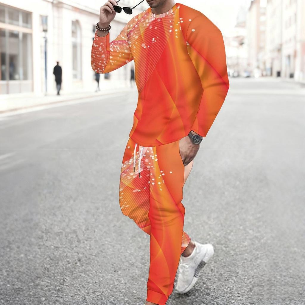 Men Black Cyan Half Split Brush Edge Print Long Sleeve Sweatshirt Jogger Pants Two Piece Suit