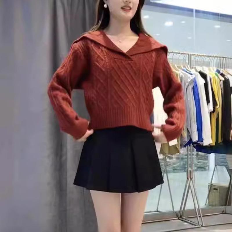 Autumn and Winter New Temperament Elegant Style Retro Navy Collar Rhombus Versatile Solid Color Knitted Sweater Top