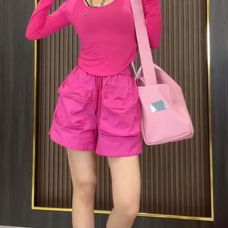 

Брюки-карго в стиле хип-хоп для женщин, модные велосипедные шорты большого размера, брюки с большими карманами, однотонные свободные брюки, уличная одежда Y2K L розы красного