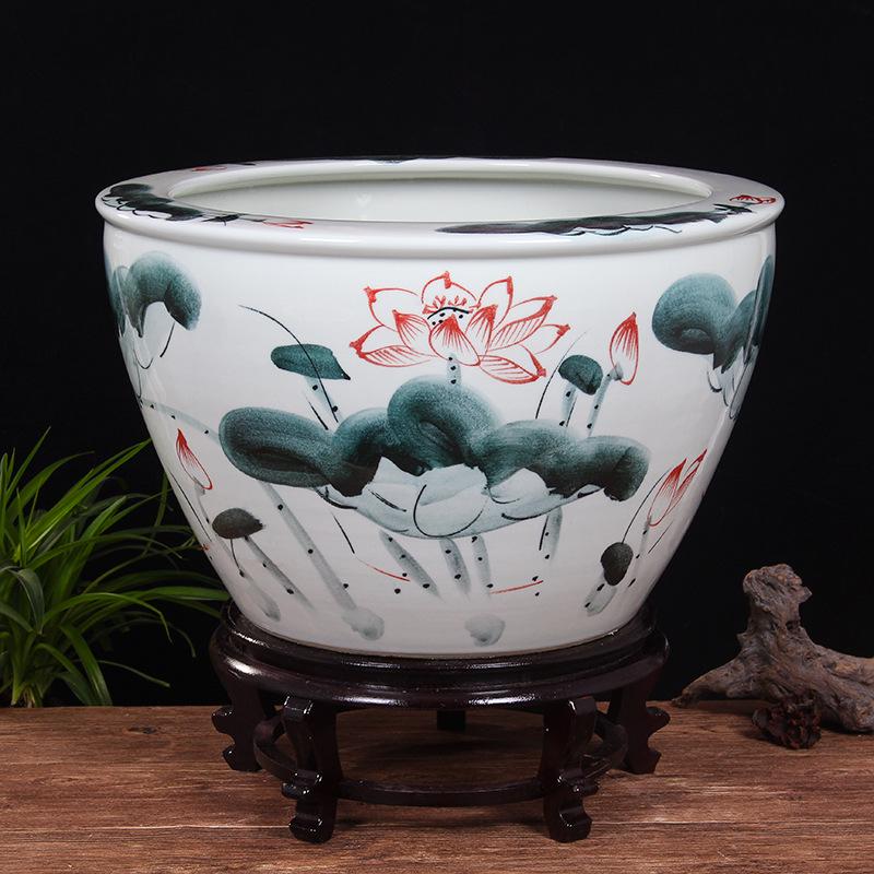 Extra Large Blue & White Ceramic Lotus Bowl for Outdoor Courtyards