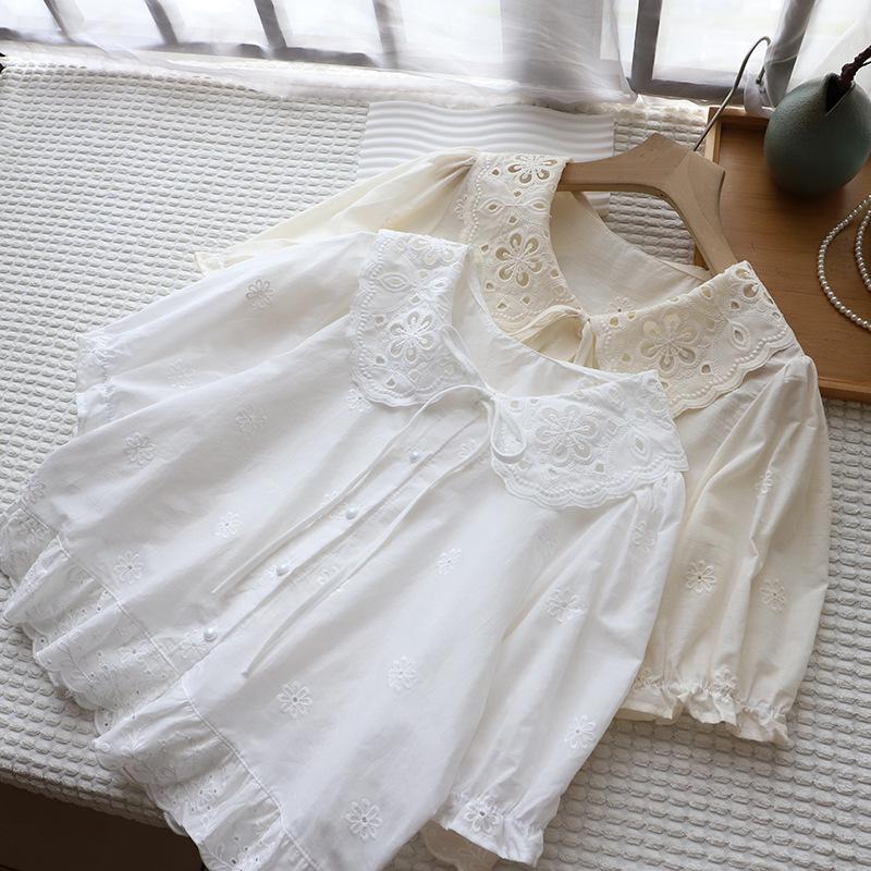 Sommer 2025 Koreanischer Stil Puppenkragen Ajour-Jacquard Kurzarm Damenhemd