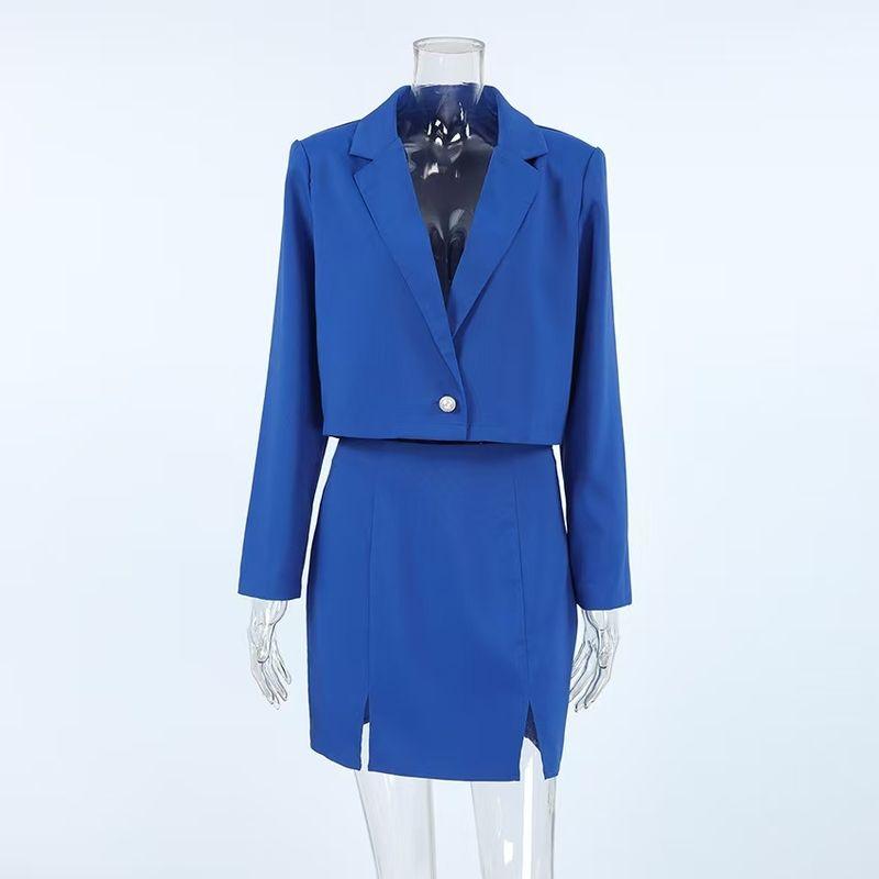 

Western Style Fashion New Suit Top Split Short dress Set Suit Jacket and Skirt Set Blue M