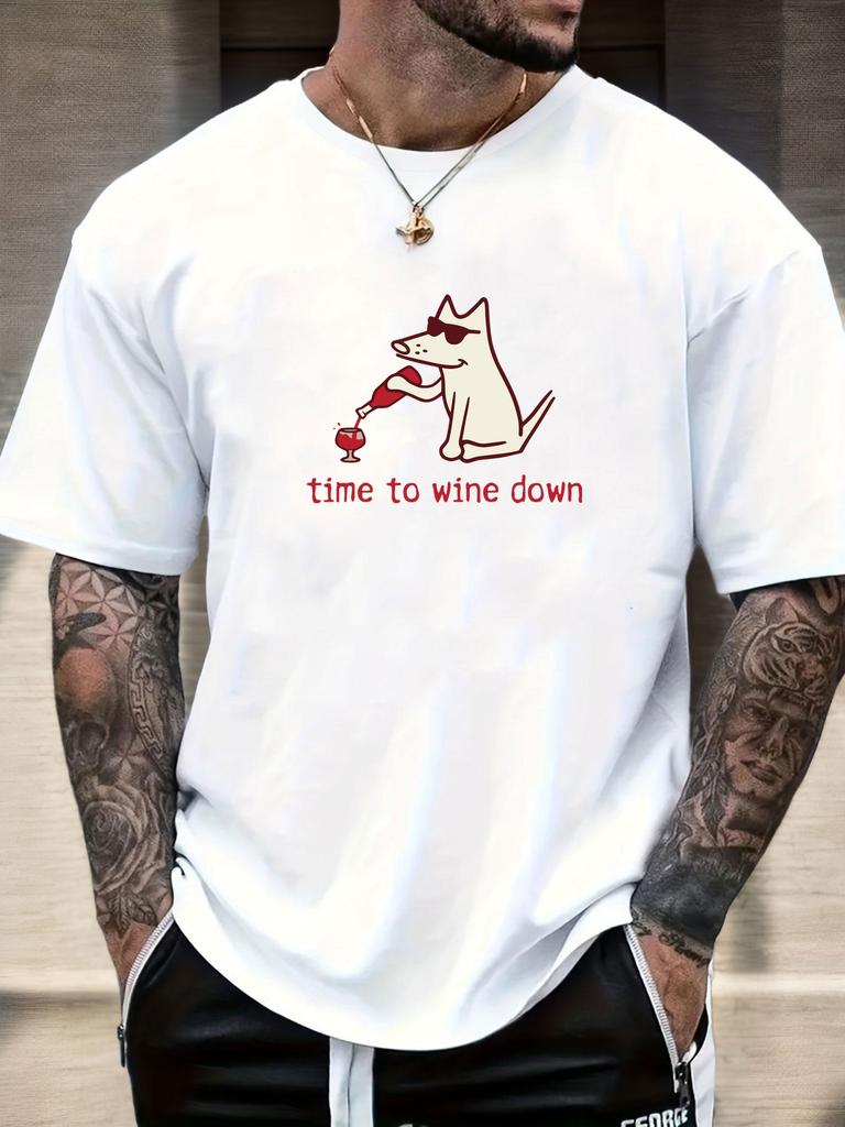 2025 New Hot Mens Summer Short Sleeve TShirt with Funny Dog Pouring Wine Time to Wine Down Print Casual Soft Cotton Tee
