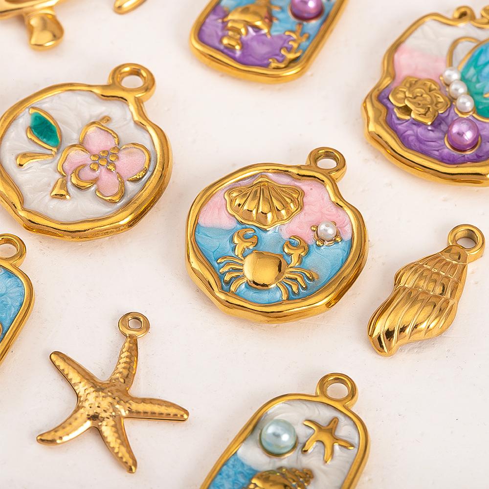 2pcs Stainless Steel Retro Ocean Turtle Octopus Crab Shell Star Pendant Necklace Earring Flower Charm Jewelry Making Craft Gift