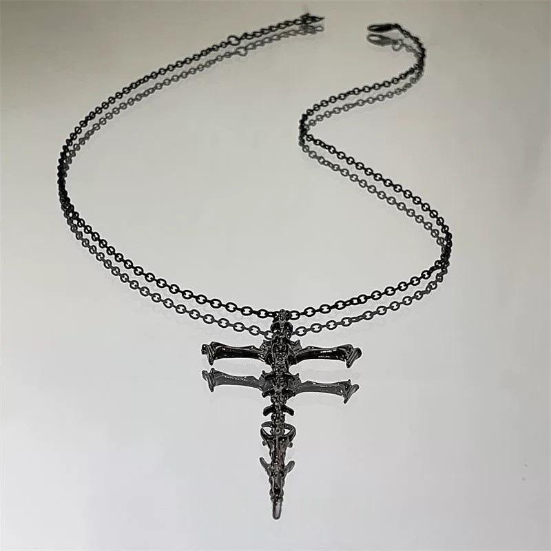 Personality Cross Pendant Necklace Skeleton Cross Choker Jewelry Dark Style Men Women Gift for Halloween Cosplay Accessories