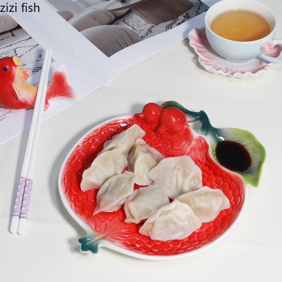 Creative Pomegranate Plate Ceramic Dumpling Plates with Vinegar Dish Dining Plate Fruit Plates Salad Bowl Snack Bowl Candy Tray