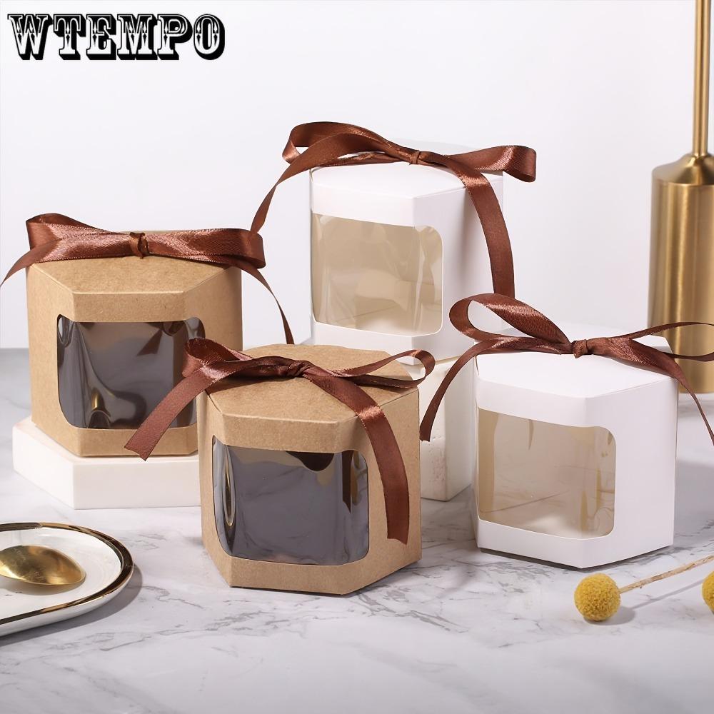24pcs Hexagonal Party Gift Boxes with Ribbon 3 Size Kraft Paper Party Favor Boxes Folden Gift Wrap Box Display Box for Wedding Birthdays Packaging Box