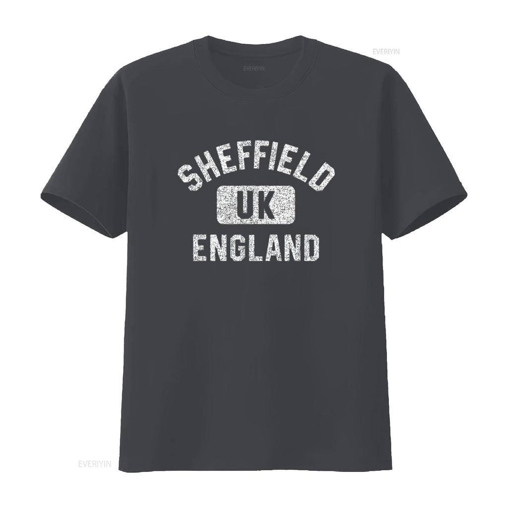 Mens Sheffield England UK Gym Style Distressed White Print T Shirt Black vintage Washed Comfortable Soft fashion Slightly